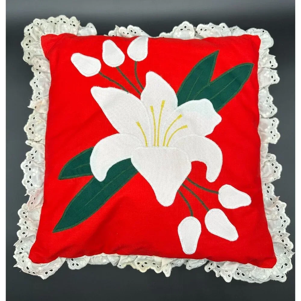 Vintage Throw Pillow Floral Handmade Red White Lace Calla Lily Flower Retro